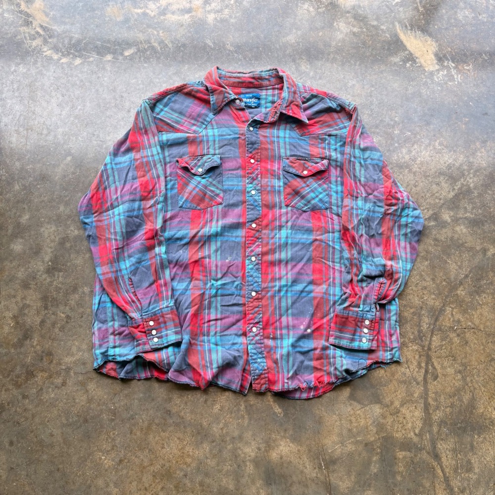 Wrangler Mens 2XL Big Man Plaid Western Snap Shirt Red Blue Flannel Distressed